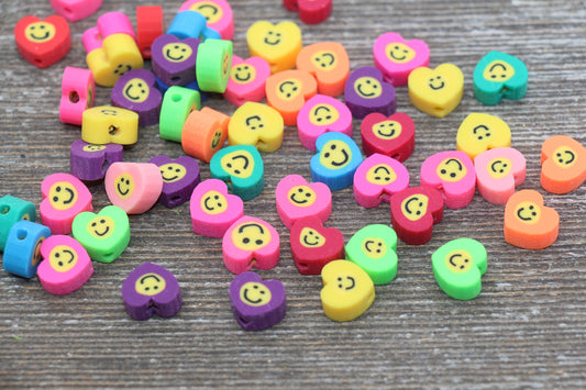 Smiley Face Polymer Clay Beads, Heart Shape Smiley Face Fimo Cane Beads, Assorted Happy Face Emoji Beads, Rainbow Happy Face Slice Beads #17