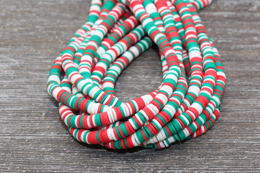 6mm Multicolored Heishi Beads, Green White and Red Polymer Clay Disc Beads, African Disc Beads, Christmas Color Heishi, Full Strand #505