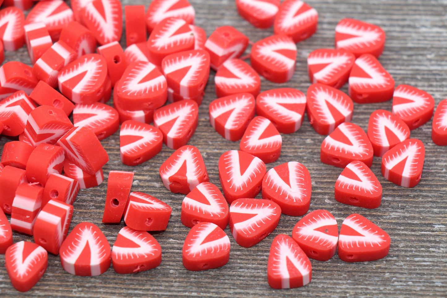 Strawberry Polymer Clay Beads, Fruit Cane Beads, Sliced Strawberry Clay Beads, Red Strawberry Fruit Clay Beads, Jewelry Beads #12