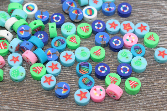 Beach Theme Polymer Clay Beads, Fish, Seashell, Starfish, Turtle, Round Clay Beads, Bracelet Beads, Loose Polymer Clay Beads