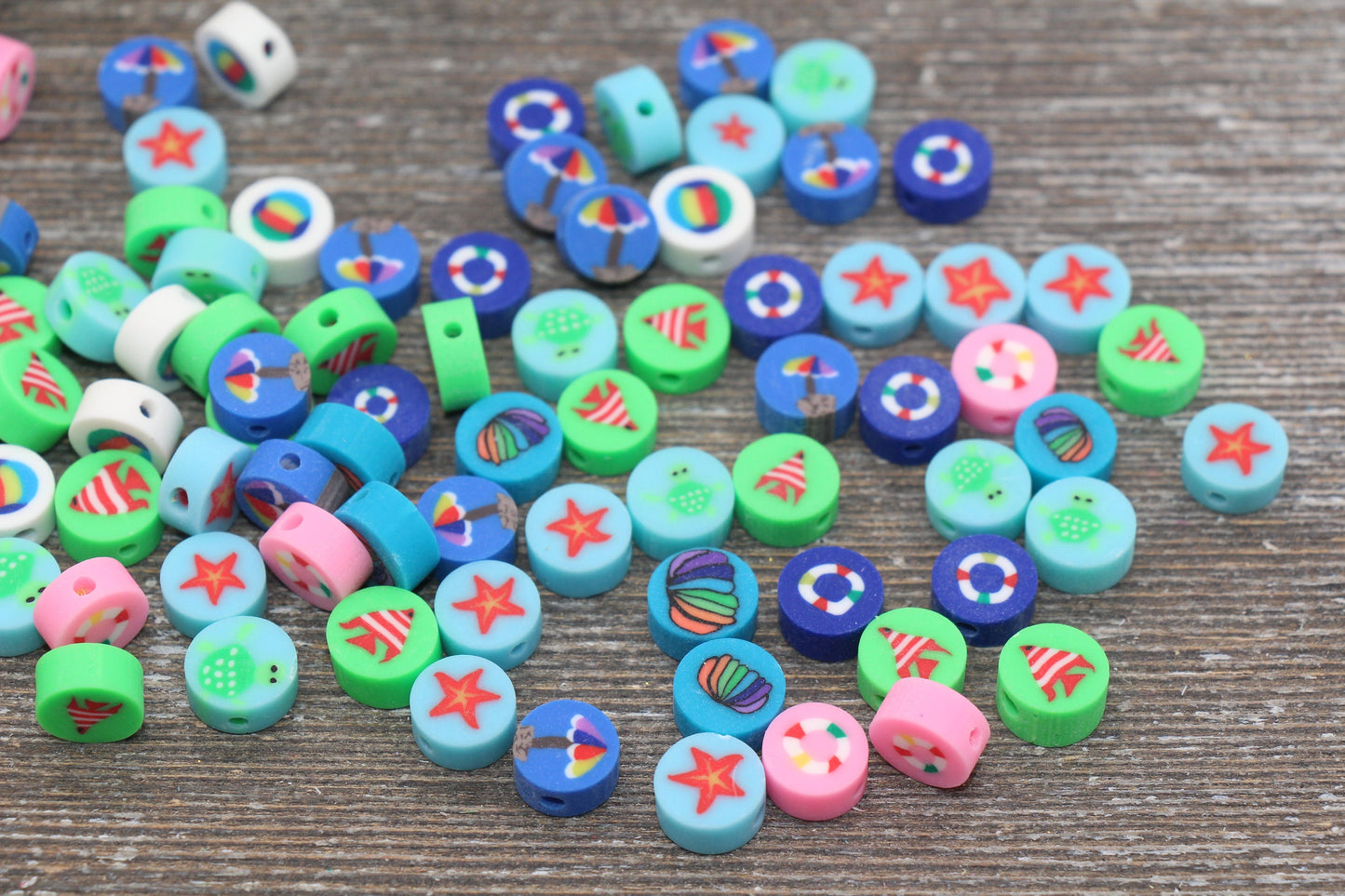 Beach Theme Polymer Clay Beads, Fish, Seashell, Starfish, Turtle, Round Clay Beads, Bracelet Beads, Loose Polymer Clay Beads