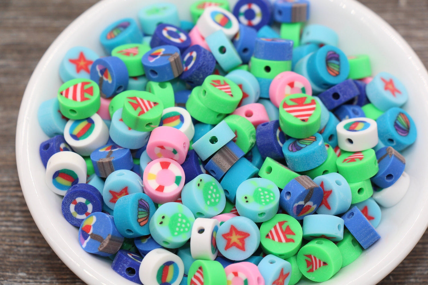 Beach Theme Polymer Clay Beads, Fish, Seashell, Starfish, Turtle, Round Clay Beads, Bracelet Beads, Loose Polymer Clay Beads