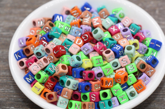 Multicolor Cube Alphabet Letter Beads, Multicolored Beads with Silver Letters, Plastic Letter Beads, Acrylic Square Name Beads, Size 6mm #60