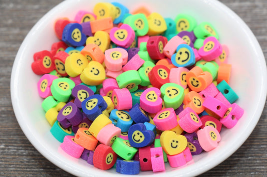 Smiley Face Polymer Clay Beads, Heart Shape Smiley Face Fimo Cane Beads, Assorted Happy Face Emoji Beads, Rainbow Happy Face Slice Beads #17