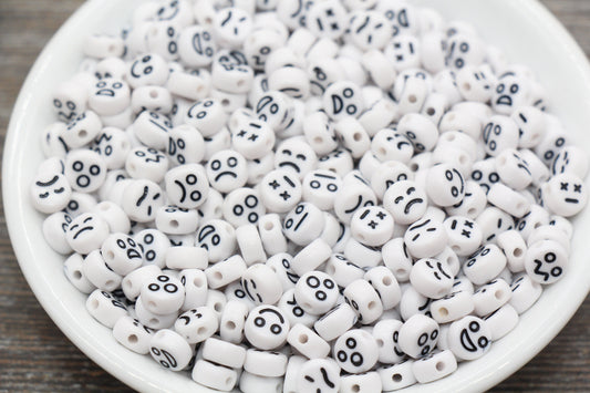 Facial Expression Round Beads, White with Black Beads, Emoji Beads, Happy Face, Sad Face, Plastic Round Beads Size 7mm #482