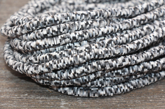 6mm Speckled Heishi Beads, Black, White and Gray Mix Colors Polymer Clay Disc Beads, African Disc Beads, Vinyl Heishi, 16 inch Strand #300