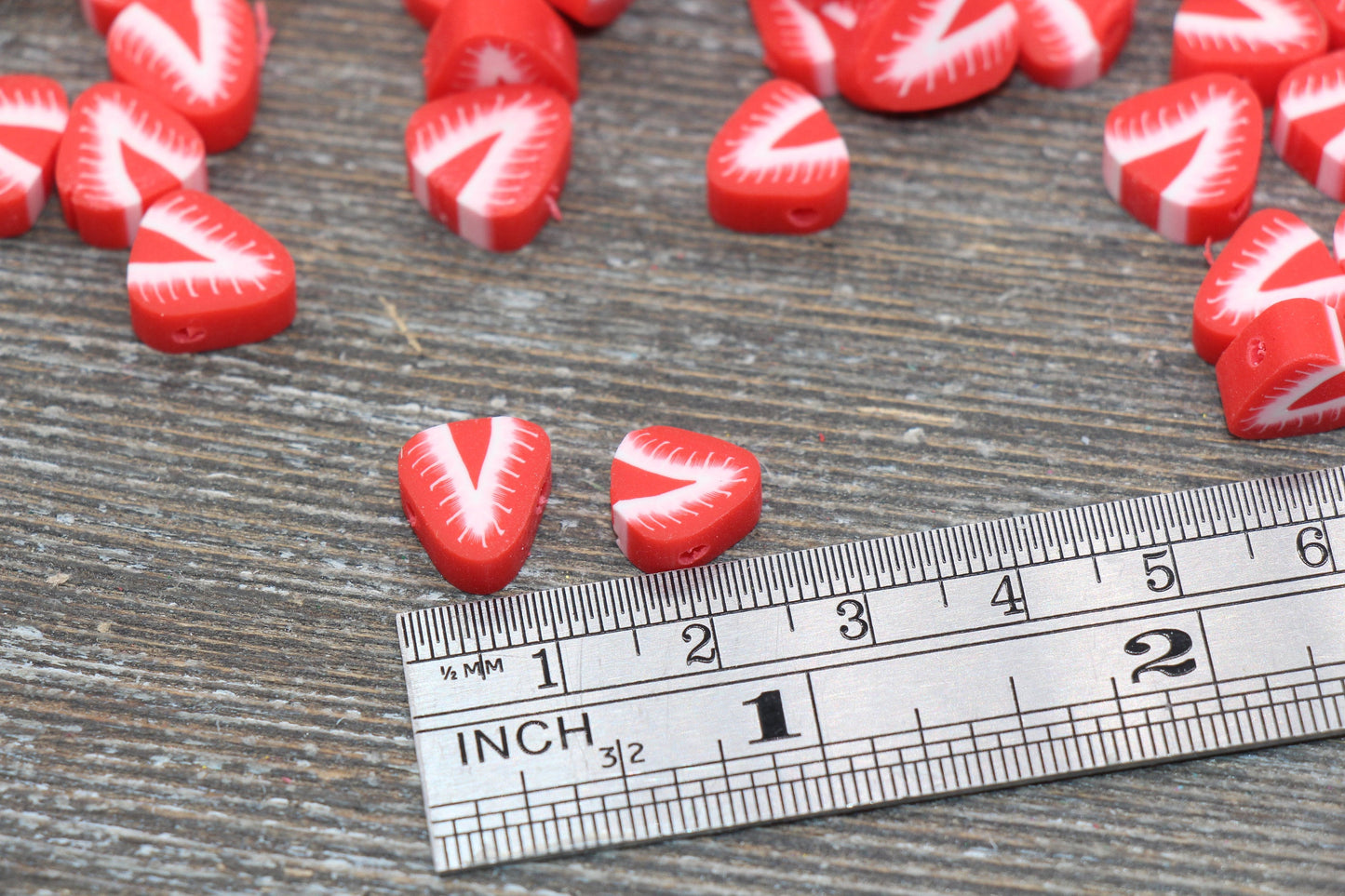 Strawberry Polymer Clay Beads, Fruit Cane Beads, Sliced Strawberry Clay Beads, Red Strawberry Fruit Clay Beads, Jewelry Beads #12