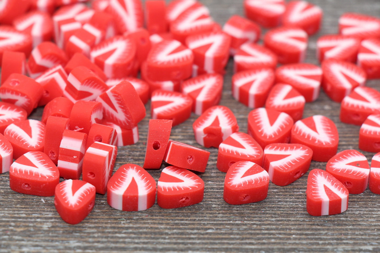 Strawberry Polymer Clay Beads, Fruit Cane Beads, Sliced Strawberry Clay Beads, Red Strawberry Fruit Clay Beads, Jewelry Beads #12