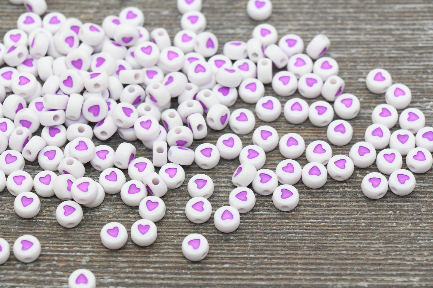 Purple Heart Beads, Acrylic Heart Beads, Purple and White Heart Beads, Acrylic Symbol Beads, Size 7mm #121