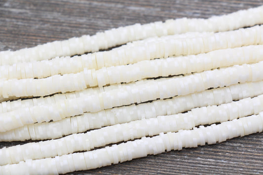 6mm White Speckled Heishi Beads, White Polymer Clay Disc Beads, African Disc Beads, Vinyl Heishi, 16 inch Strand #210