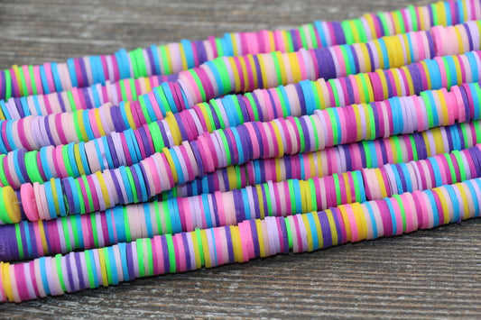 8mm Multicolored Heishi Beads, Rainbow Color Polymer Clay Disc Beads, African Disc Beads, Vinyl Heishi, 16 inch Strand #117