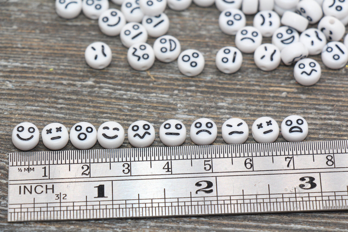 Facial Expression Round Beads, White with Black Beads, Emoji Beads, Happy Face, Sad Face, Plastic Round Beads Size 7mm #482