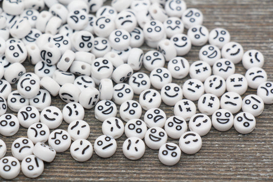 Facial Expression Round Beads, White with Black Beads, Emoji Beads, Happy Face, Sad Face, Plastic Round Beads Size 7mm #482