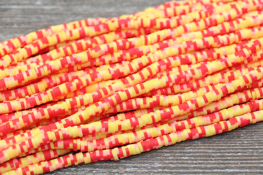 4mm Speckled Heishi Beads, Yellow, Red, and Pink Speckled Polymer Clay Disc Beads, African Disc Beads, Vinyl Heishi, 16 inch Strand #323