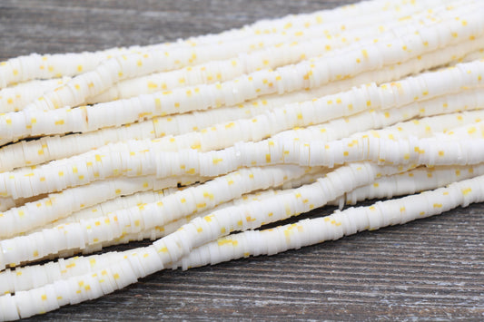 6mm White with Yellow Speckled Heishi Beads, Yellow Dots Polymer Clay Disc Beads, African Disc Beads, Wholesale Vinyl Heishi, 16 inch #342