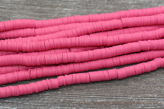 8mm Punch Pink Heishi Beads, Pink Polymer Clay Disc Beads, African Disc Beads, Vinyl Heishi, 16 inch Strand #346