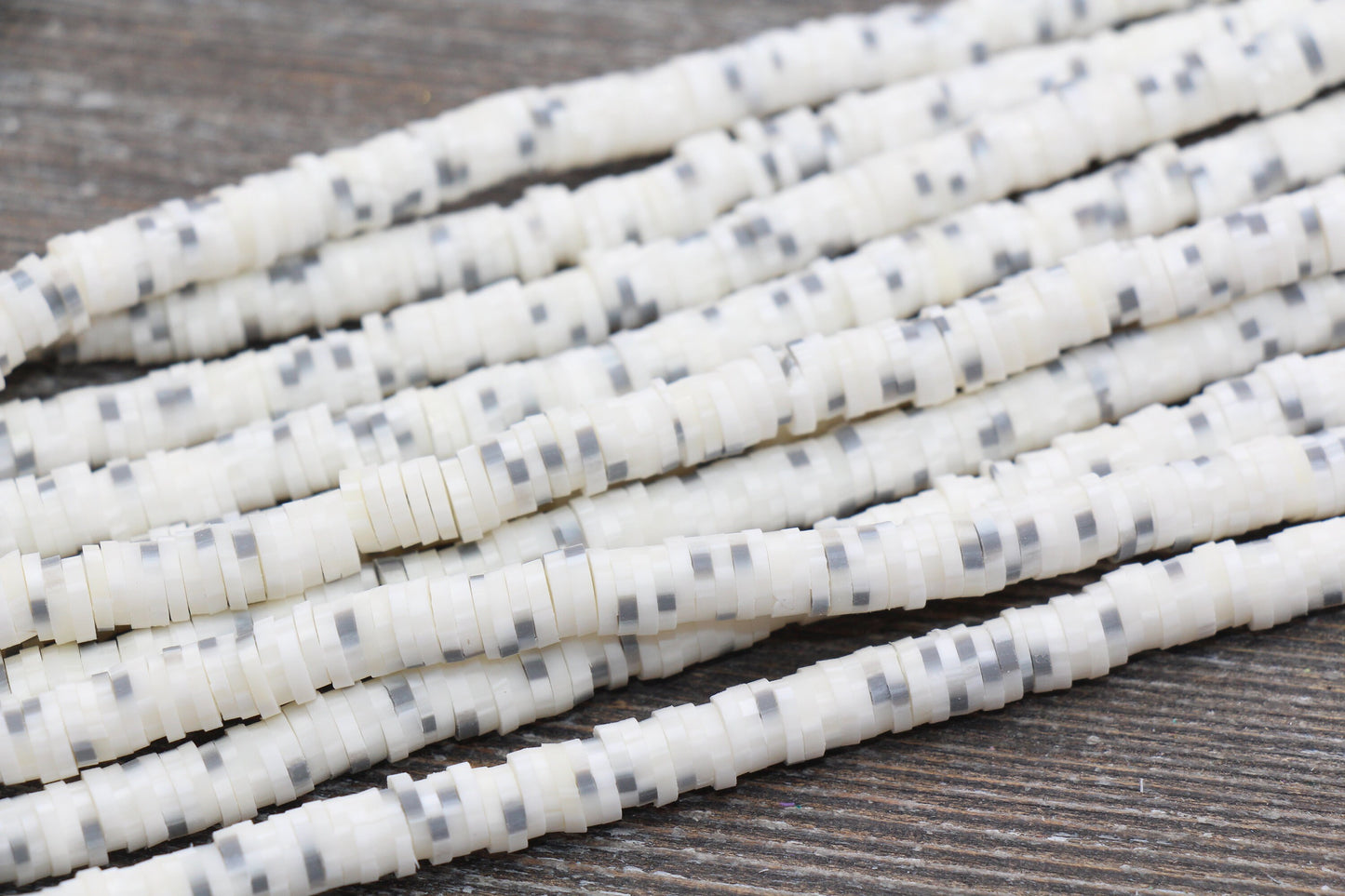 6mm White Speckled with Gray Dots Heishi Beads, Mix Color Polymer Clay Disc Beads, African Disc Beads, Vinyl Heishi, 16 inch Strand #315