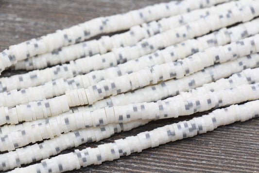 6mm White Speckled with Gray Dots Heishi Beads, Mix Color Polymer Clay Disc Beads, African Disc Beads, Vinyl Heishi, 16 inch Strand #315