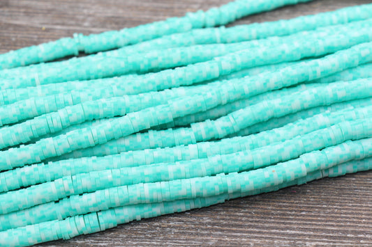 6mm Green Speckled Heishi Beads, Green with White Speckled Polymer Clay Disc Beads, African Disc Beads, Vinyl Heishi, 16 inch Strand #328