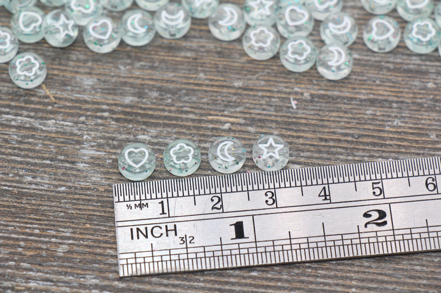 Heart, Star, Flower, Moon Beads, Acrylic Translucent with White symbol Beads, Symbol Beads, Plastic Heart Star Moon Flower Size 7mm #48