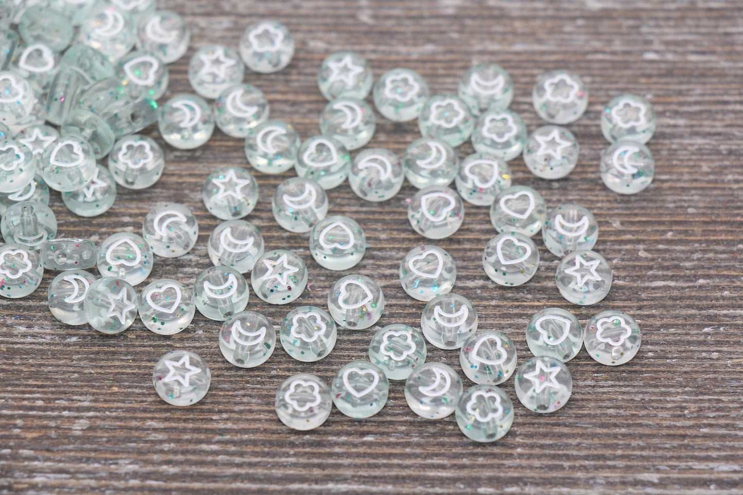 Heart, Star, Flower, Moon Beads, Acrylic Translucent with White symbol Beads, Symbol Beads, Plastic Heart Star Moon Flower Size 7mm #48