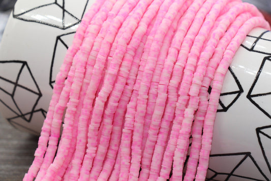 4mm Pink Speckled Heishi Beads, Multicolored Polymer Clay Disc Beads, African Disc Beads, Vinyl Heishi, 16 inch Strand #349