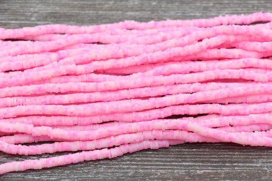 4mm Pink Speckled Heishi Beads, Multicolored Polymer Clay Disc Beads, African Disc Beads, Vinyl Heishi, 16 inch Strand #349