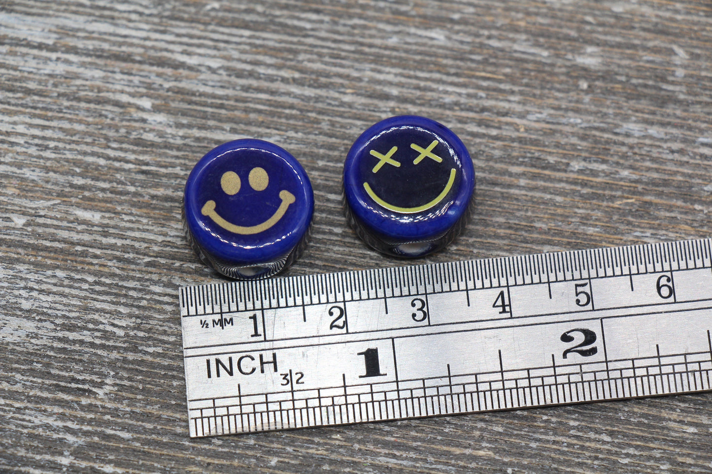 Blue Ceramic Smiley Face Beads, Happy Face Beads, Facial Expression Beads, Vertical Hole Beads