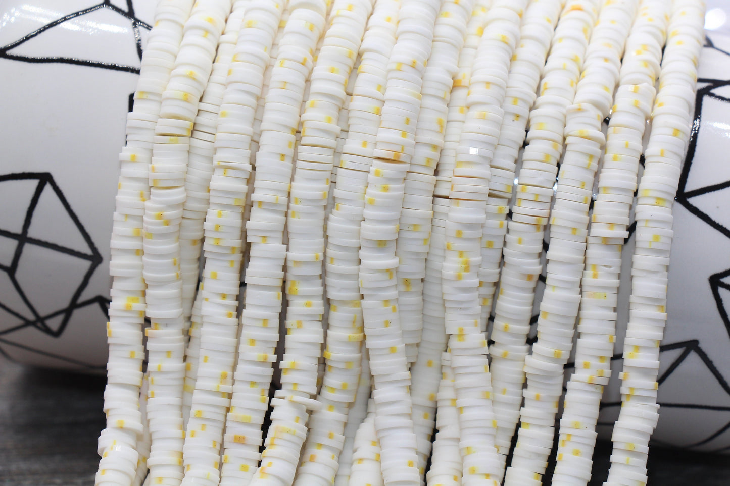 6mm White with Yellow Speckled Heishi Beads, Yellow Dots Polymer Clay Disc Beads, African Disc Beads, Wholesale Vinyl Heishi, 16 inch #342