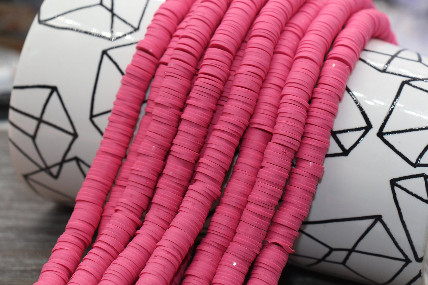 8mm Punch Pink Heishi Beads, Pink Polymer Clay Disc Beads, African Disc Beads, Vinyl Heishi, 16 inch Strand #346