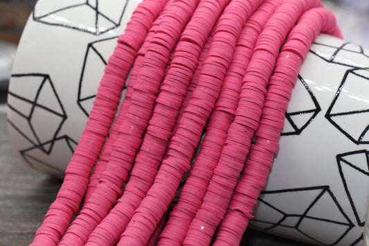 8mm Punch Pink Heishi Beads, Pink Polymer Clay Disc Beads, African Disc Beads, Vinyl Heishi, 16 inch Strand #346