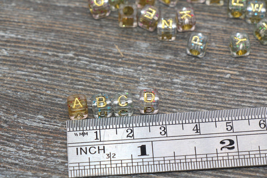Cube Gold Alphabet Letter Beads, Glitter Beads with Gold Letters, Translucent Plastic Letter Beads, Acrylic Square Name Beads, Size 6mm #100