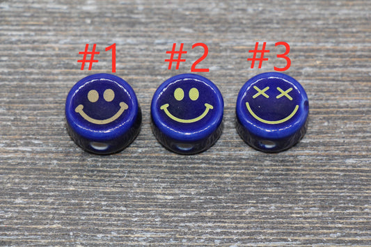 Blue Ceramic Smiley Face Beads, Happy Face Beads, Facial Expression Beads, Vertical Hole Beads