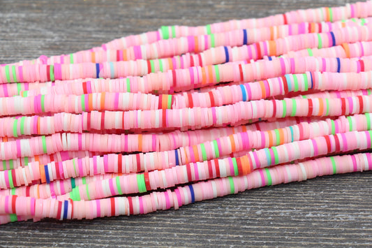 6mm Pink Mixed Heishi Beads, Multicolor Polymer Clay Disc Beads, African Disc Beads, Wholesale Vinyl Heishi, 16 inch Strand #187