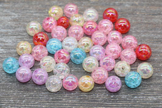 12mm Multicolor Iridescent Gumball Beads, Rainbow AB Acrylic Crackle Loose Beads, Bubblegum Beads, Chunky Beads, Smooth Round Beads #489