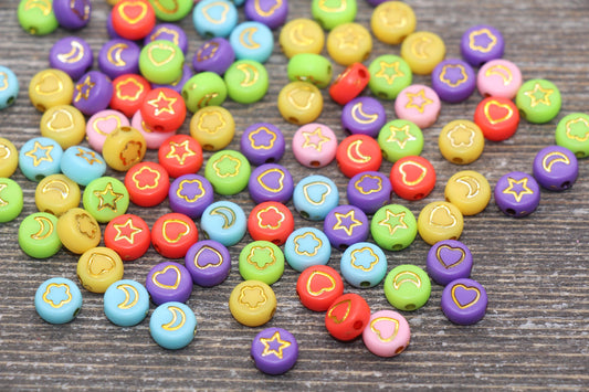 Heart, Star, Flower, Moon Beads, Acrylic Multicolor Beads with Gold symbols, Plastic Heart Star Moon Flower, Bracelet Beads, Size 7mm #341