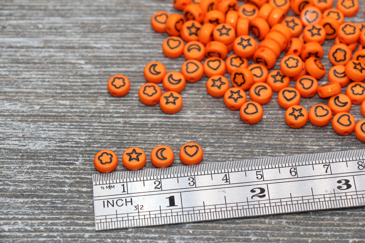 Heart, Star, Flower, Moon Beads, Acrylic Orange Beads with Black Symbols, Symbol Beads, Plastic Round Heart Star Moon Flower, Size 7mm #389