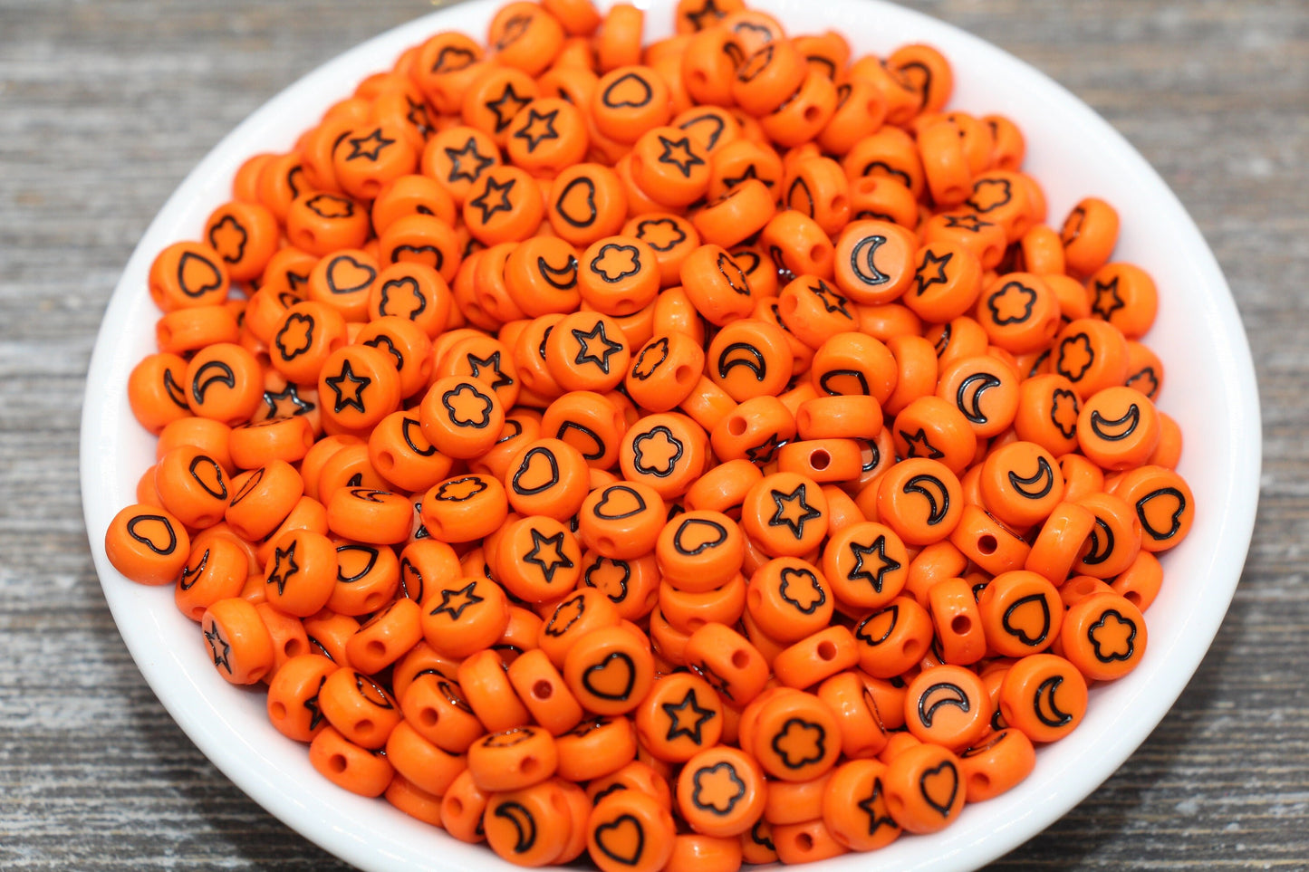 Heart, Star, Flower, Moon Beads, Acrylic Orange Beads with Black Symbols, Symbol Beads, Plastic Round Heart Star Moon Flower, Size 7mm #389