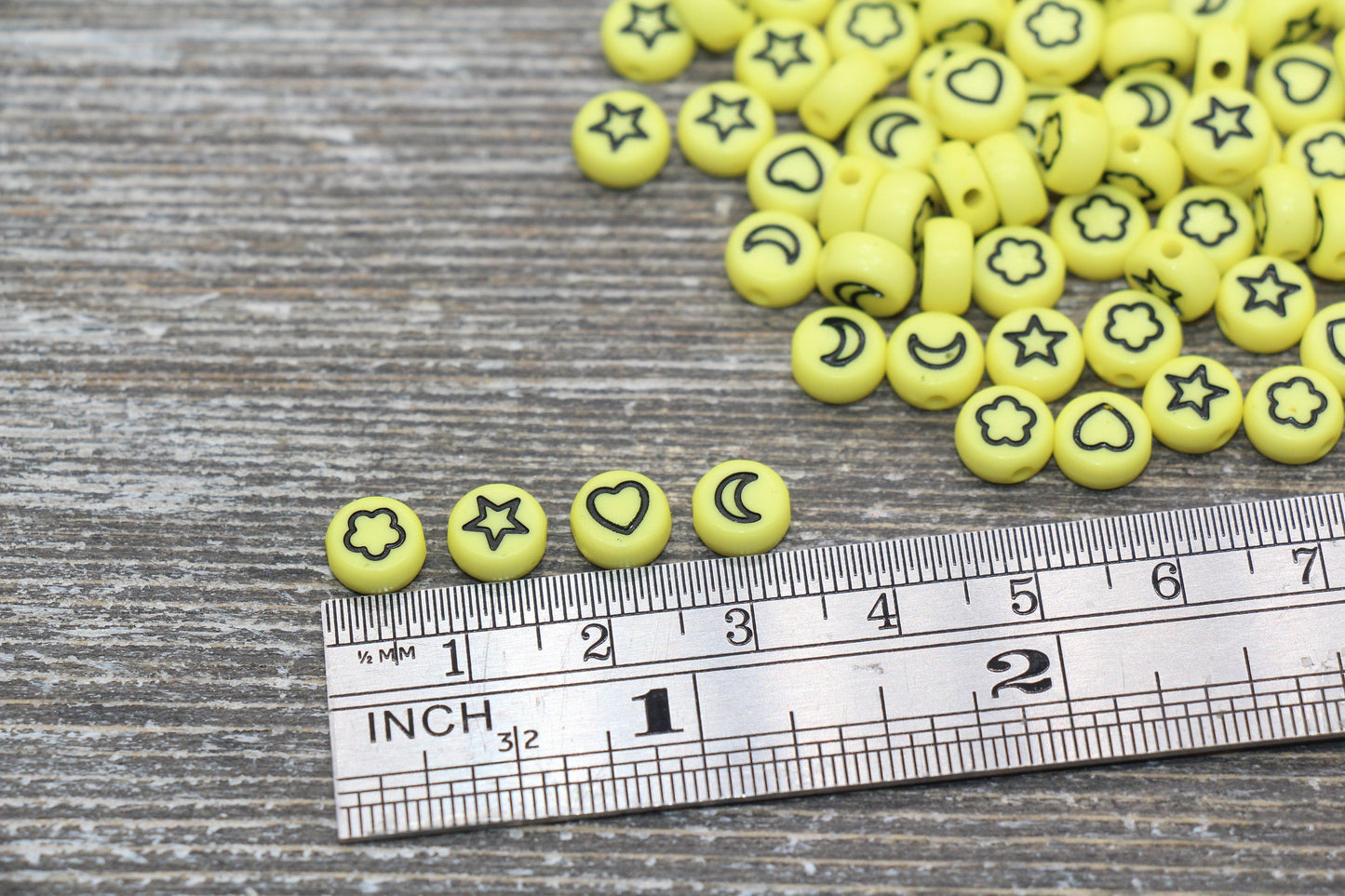 Heart, Star, Flower, Moon Beads, Acrylic Yellow Beads with Black Symbols, Symbol Beads, Plastic Round Heart Star Moon Flower, Size 7mm #505