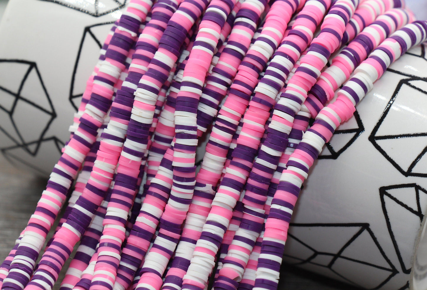 6mm Multicolored Polymer Clay Disc Beads, Pink, Purple, and White Mix Heishi Beads, African Disc Beads, Vinyl Heishi, 16 inch Strand #66
