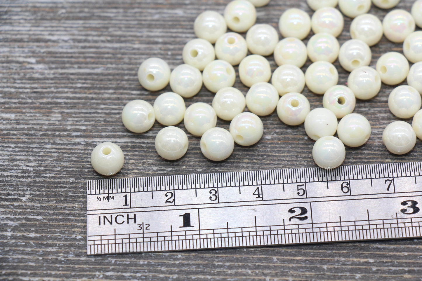 8mm Ivory AB Gumball Beads, Iridescent Acrylic Loose Beads, Solid Bubblegum Beads, Chunky Beads, Glossy Smooth Round Plastic Beads #447