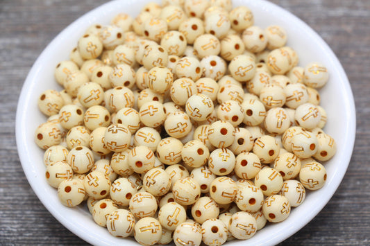 Yellow with Gold Cross Round Beads, Gold Cross Round Beads, Acrylic Cross Beads, Religious Round Beads, Chunky Gumball Beads- #338