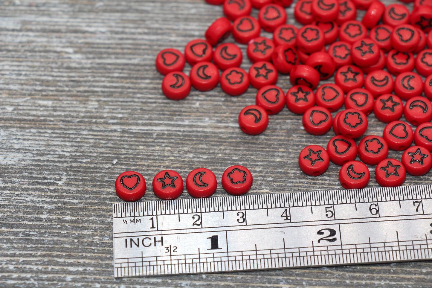 Heart, Star, Flower, Moon Beads, Acrylic Red Beads with Black Symbols, Symbol Beads, Plastic Round Heart Star Moon Flower, Size 7mm #498