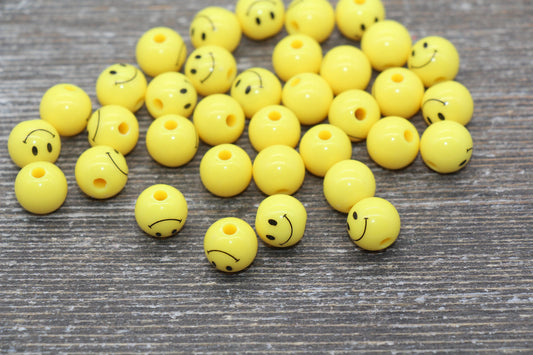 Smiley Face Round Beads, Emoji Beads, Happy Face Beads, Plastic Round Beads, Yellow Smiley Face Gumball Beads, Chunky Beads, Size 10mm #506
