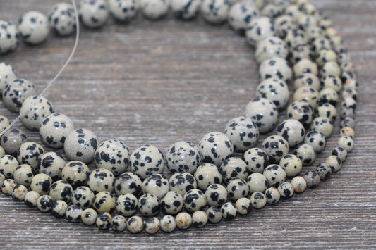 Dalmatian Jasper Beads, Black Spotted Dot Gemstone Smooth Round Beads, Size 6mm 8mm 10mm 12mm, Full Strand 15.5 inch, #108