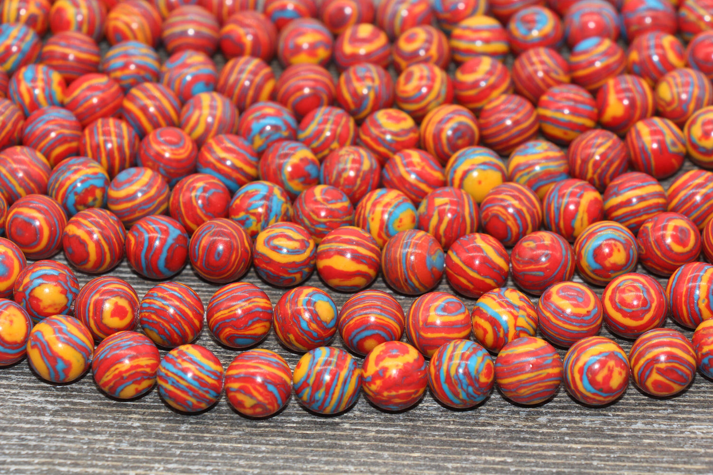 Malachite Beads, Peacock Beads, Smooth Gemstone Round Beads, Mixed Colors Red Blue and Yellow Beads, Sizes 6mm 8mm 10mm 12mm #105