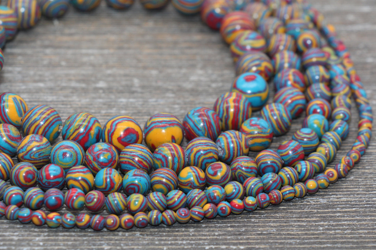 Peacock Stone Beads, Malachite Synthetic Beads, Smooth Gemstone Round Beads, Red Yellow and Blue Beads, Sizes 4mm 6mm 8mm 10mm 12mm #158