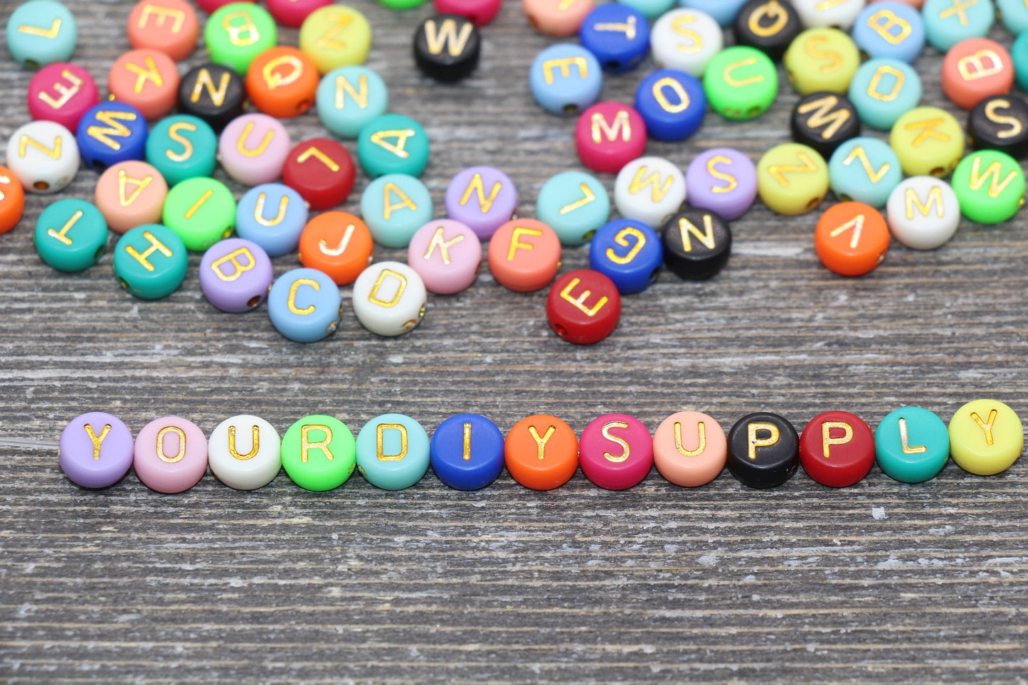NEW COLOR! Multicolor Round Alphabet Letter Beads, Multicolored Beads with Gold Letters, Acrylic Round Name Beads, Size 7mm #1735
