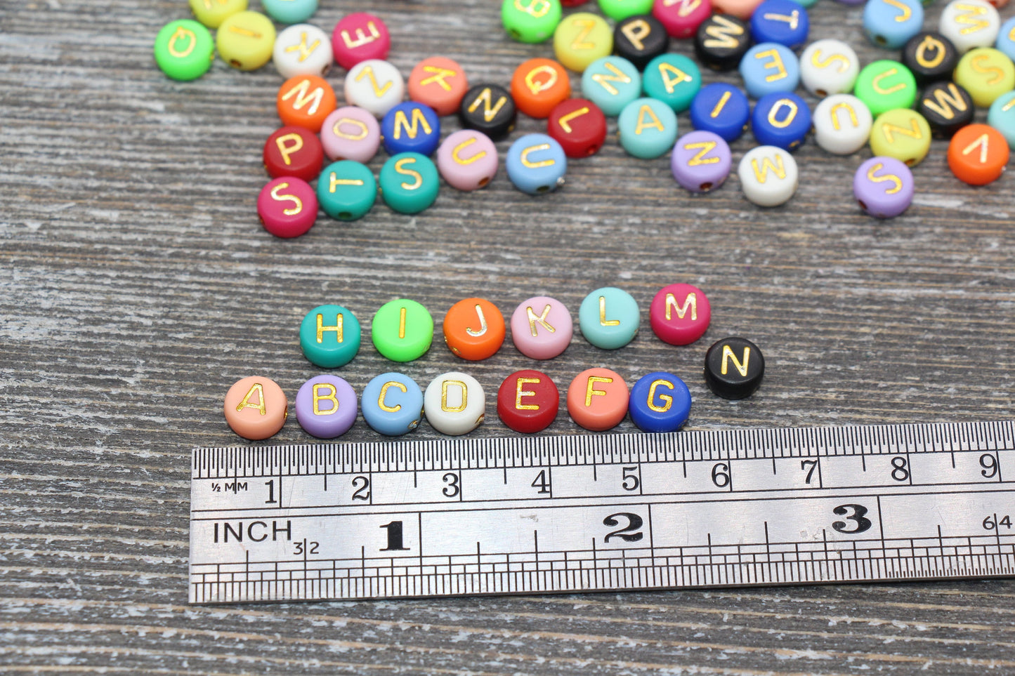 NEW COLOR! Multicolor Round Alphabet Letter Beads, Multicolored Beads with Gold Letters, Acrylic Round Name Beads, Size 7mm #1735