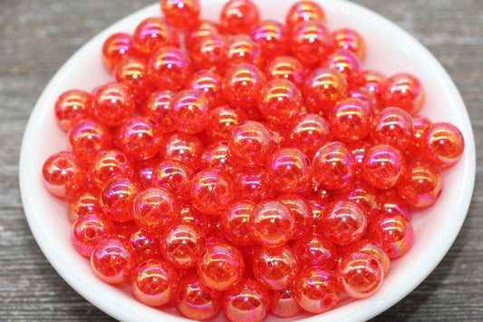 10mm Red AB Gumball Beads, Iridescent Acrylic Crackle Loose Beads, Bubblegum Beads, Chunky Beads, Smooth Round Plastic Beads #339
